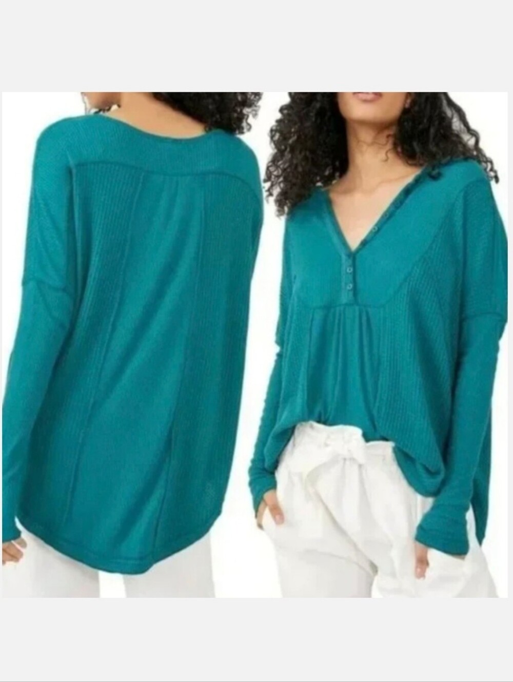 Free People Teal Green Leo Henley Long-Sleeve Tee Sz S